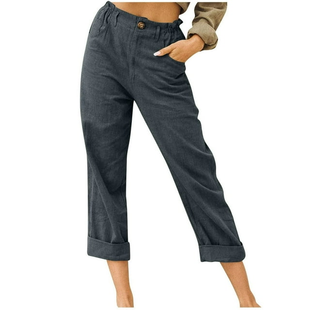 JUNWELL Summer Capri Pants for Women Cotton Linen Button Cropped Pants Ankle Soild Color Trousers with Pockets