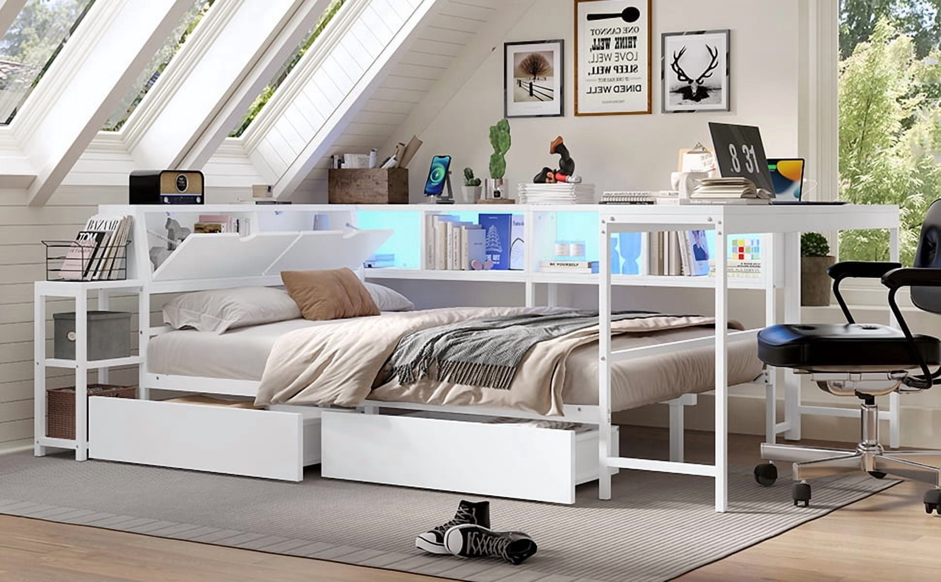 Corner Bed Frame Full Size with Bookcase and 2 Underbed Storage Drawers, Modern Bed with LED Light and Charging Station, Left and right interchangeable, White