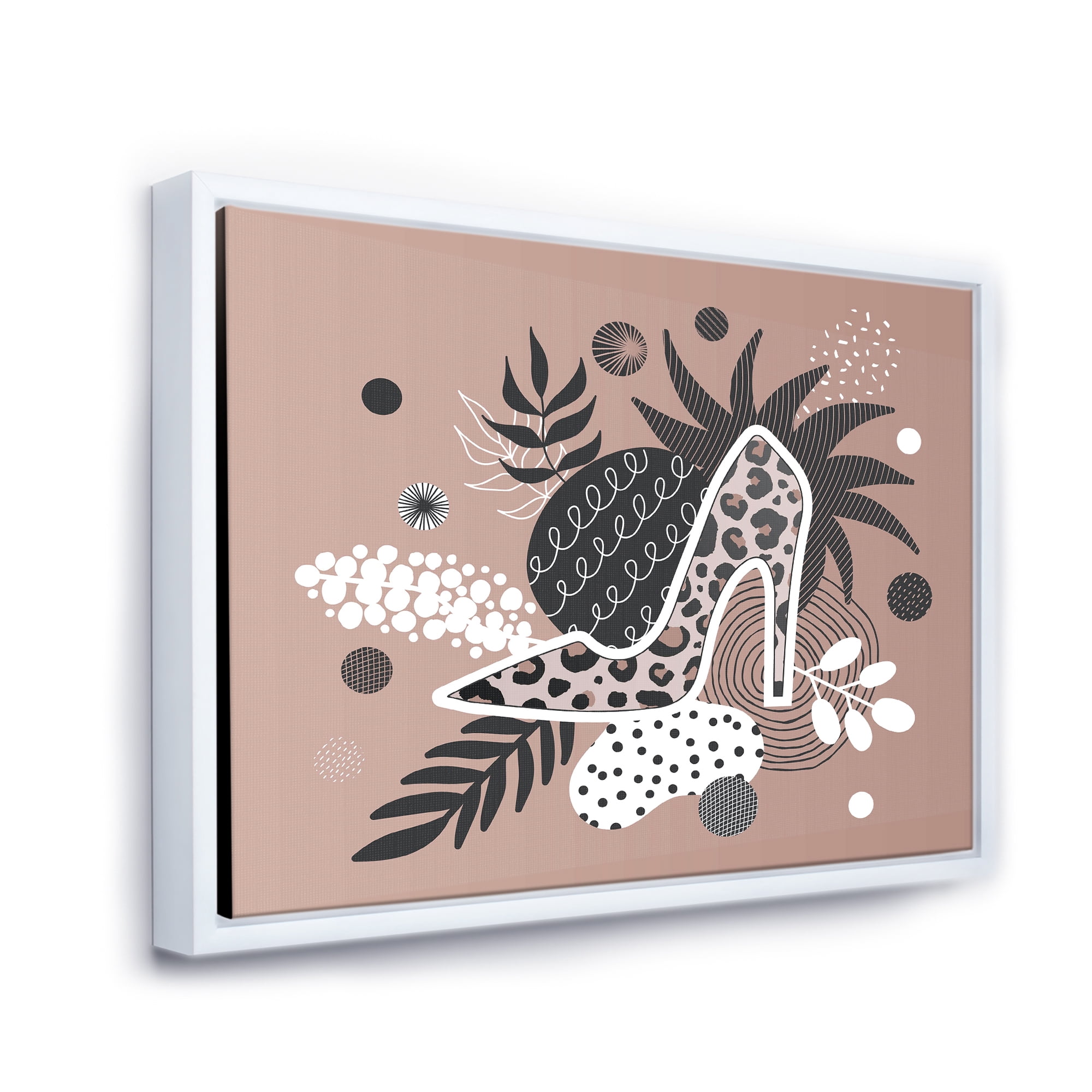 Designart 'Leopard High-Heeled Shoes On Tropical Leaves' Modern Framed Canvas Wall Art Print
