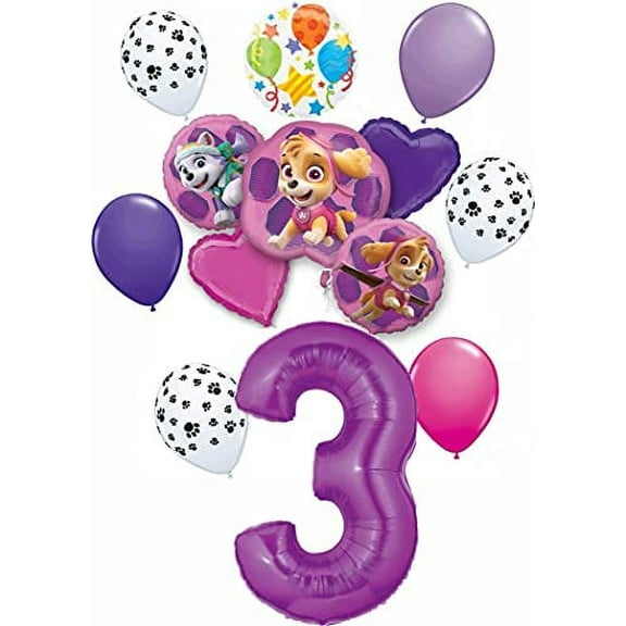 Paw Patrol Party Supplies Skye and Everest Pups 3rd Birthday Balloon Bouquet Decorations Purple Number 3