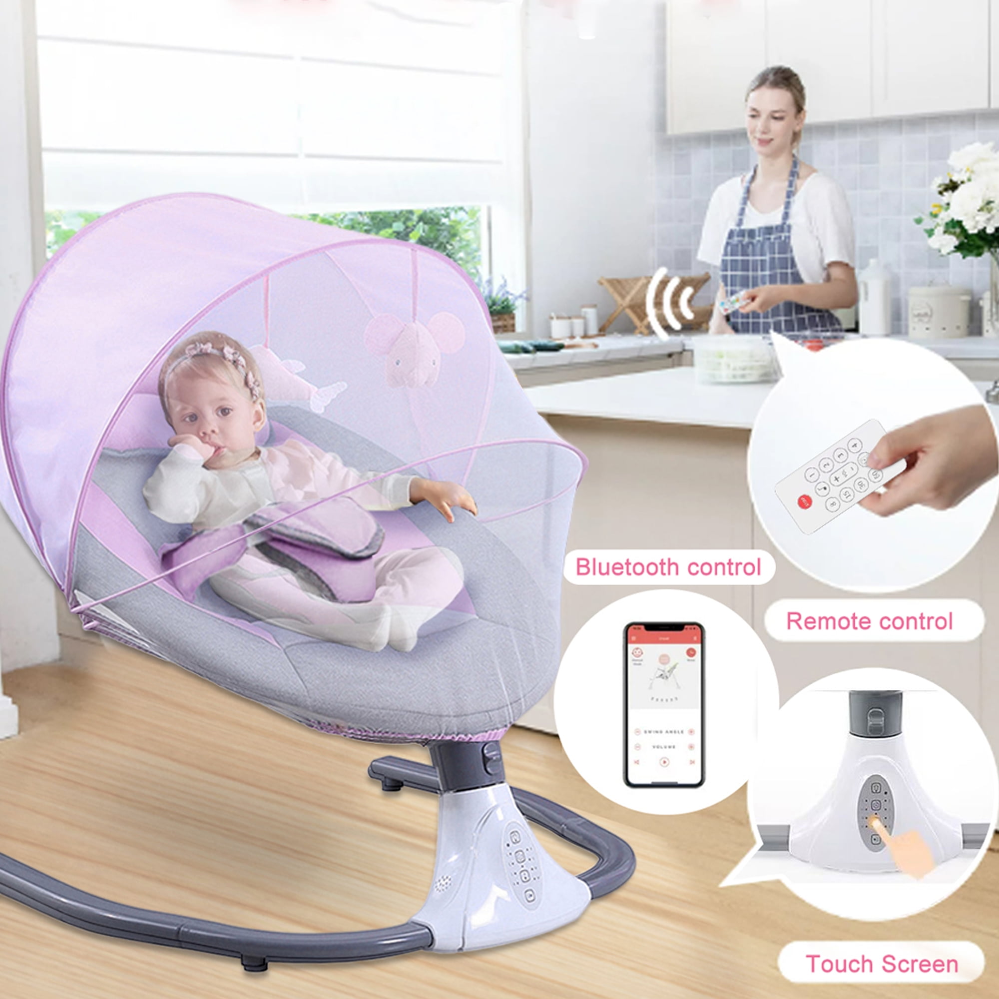 Jonster Baby Swing for Infants, Compact & Portable, 4 Speeds, 4 Timings, Remote & Bluetooth APP Control, Indoor/Outdoor, 5-20 lb, 0-9 Months, Pink
