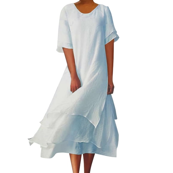 XVJRHAK Petite Maxi Dresses for Women Petite Length Women's Solid Round Neck Buttonless Cotton And Linen Irregular Flowing Hem Long Casual Dress Mid-Length(Blue,XL)