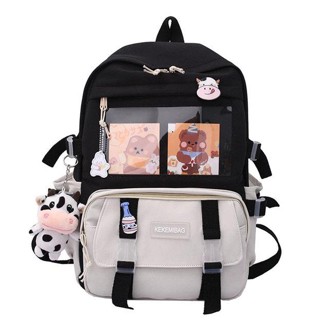 Women Cute Hit Color Backpack Student Canvas Knapsack with Pendant (Purple)
