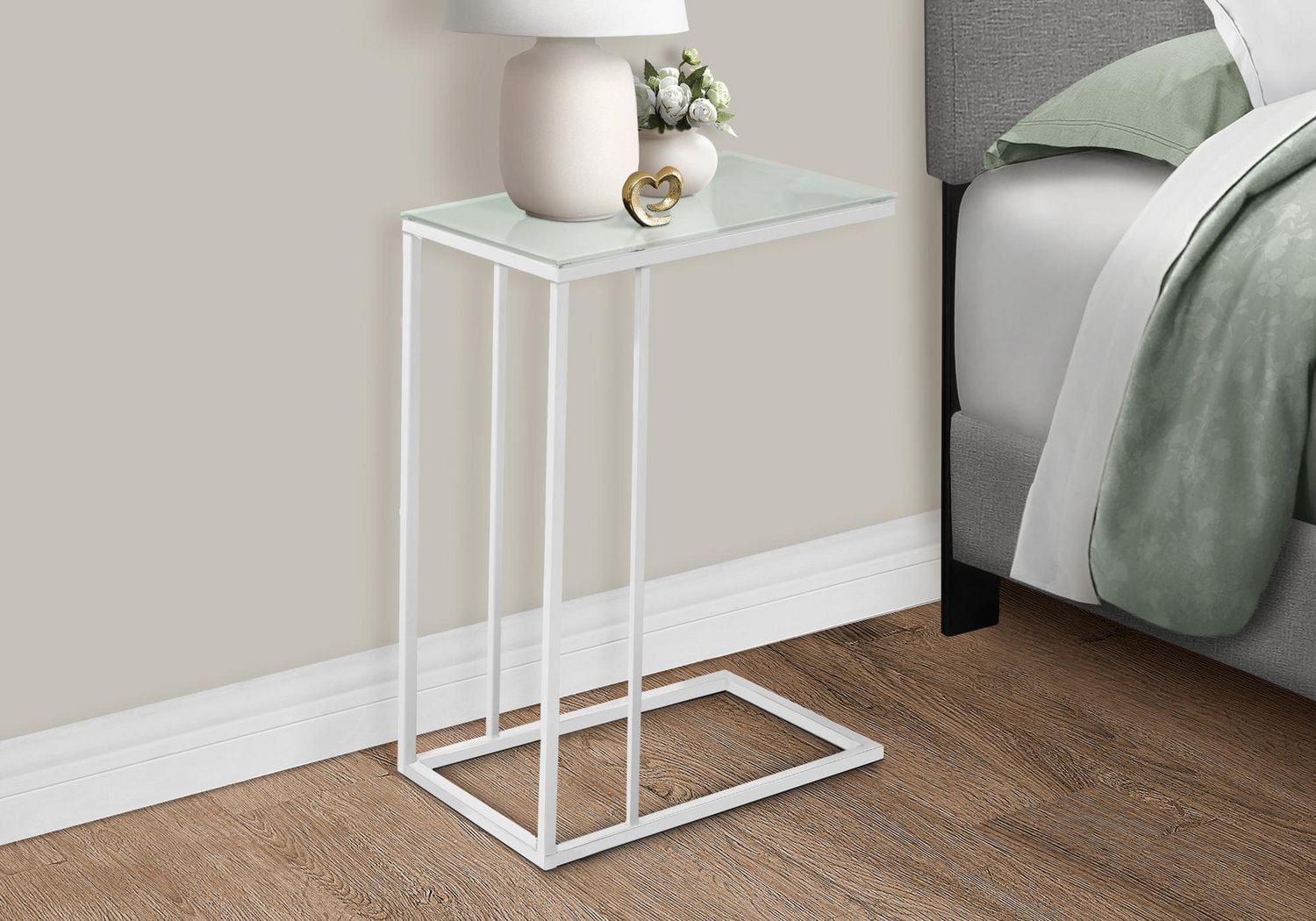 Monarch Specialties Accent Table, C-shaped, End, Side, Snack, Living Room, Bedroom, Metal, Tempered Glass, White, Contemporary, Modern