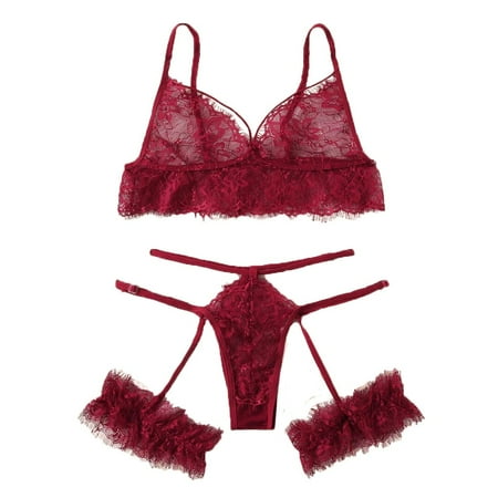 

CALAFEBILA Fashion Gift Fashion Sexy Women Eyelash Lace Garter V-neck Lingerie Set Badydoll Underwear