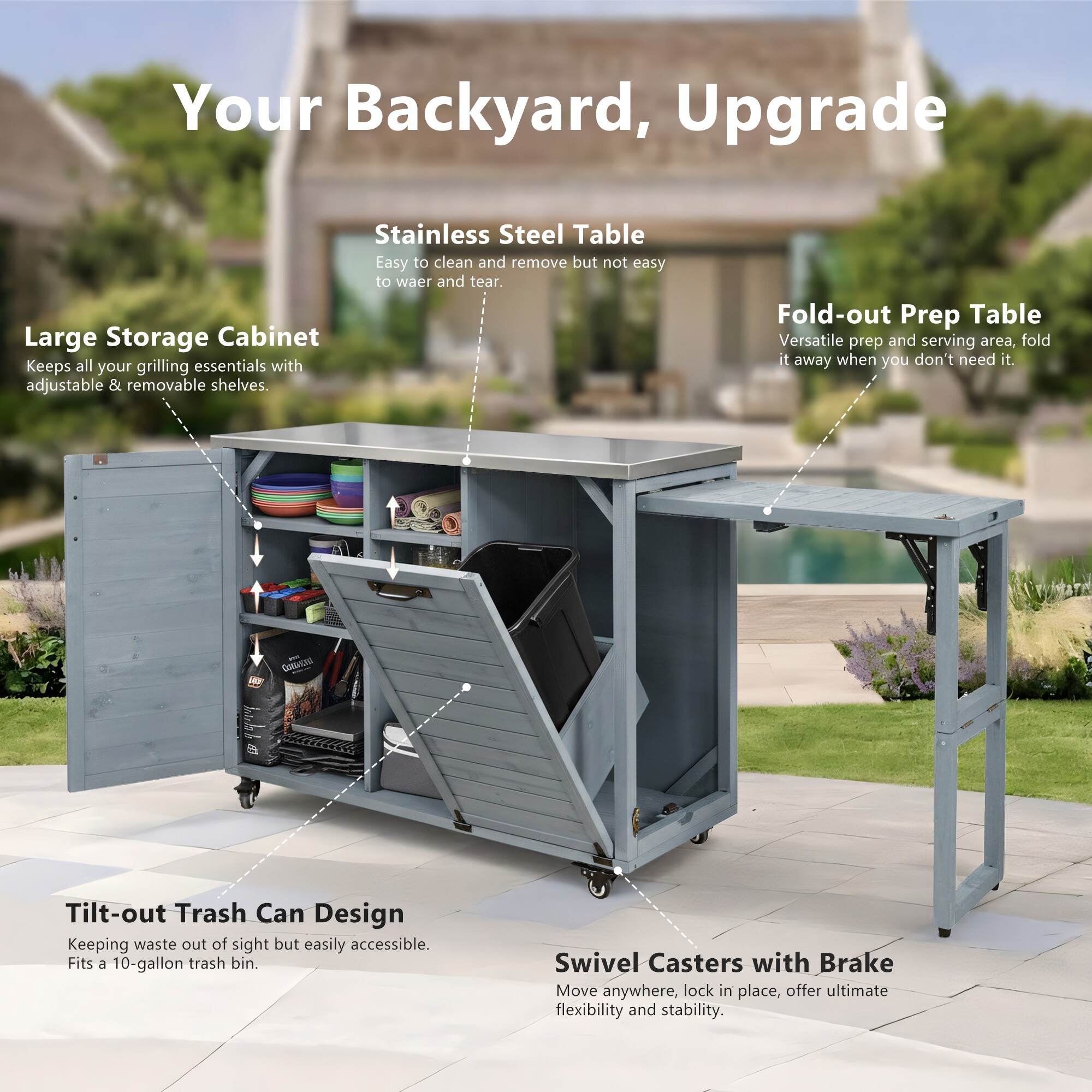 AENKYO Mobile Outdoor Kitchen Island with Stainless Steel Top & Trash Can, Foldable BBQ Prep Cart for Grilling, Gray Blue