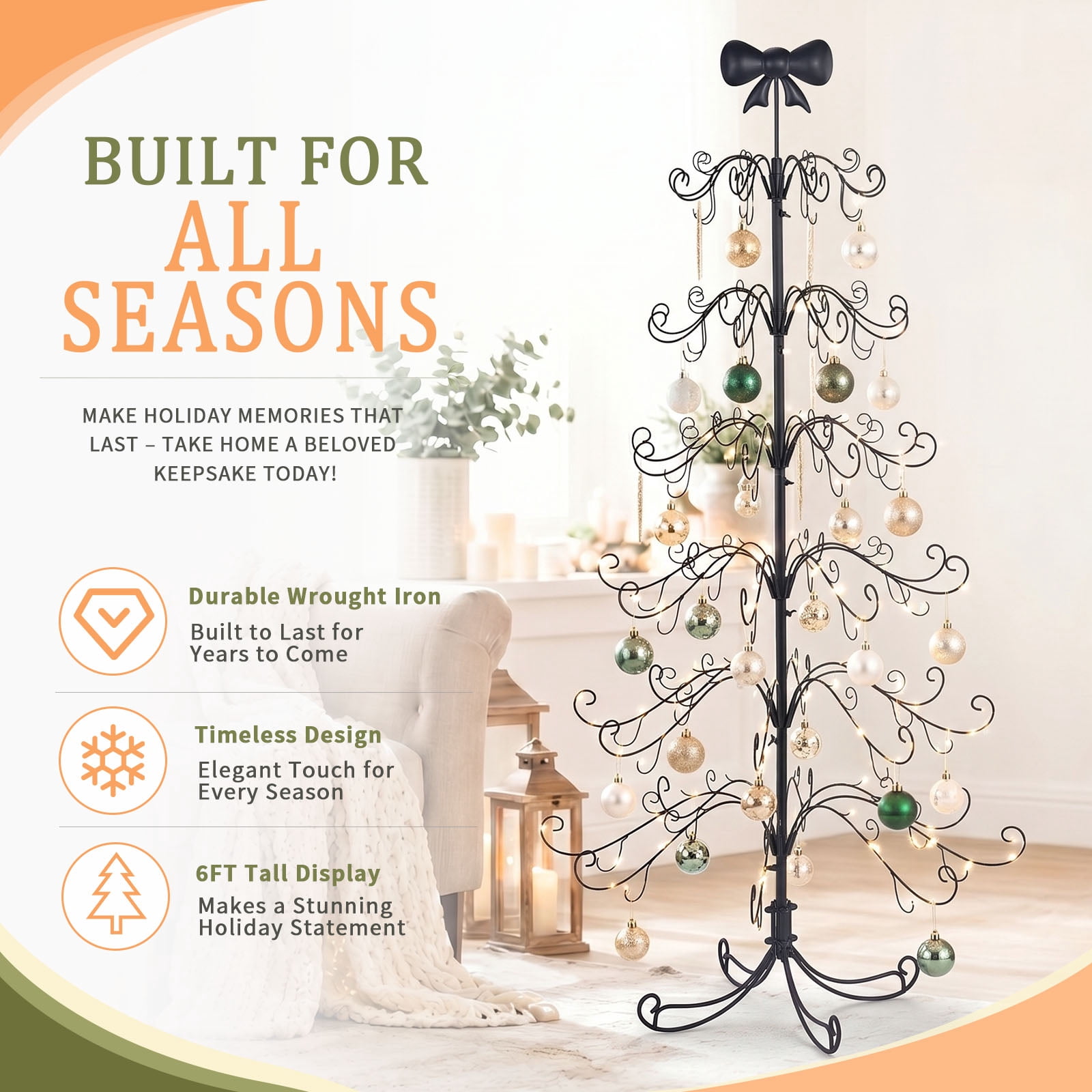 6ft PVC Metal Artificial Christmas Tree with Bow Topper, No Extra Ornaments, Daily Decor Tree, Black
