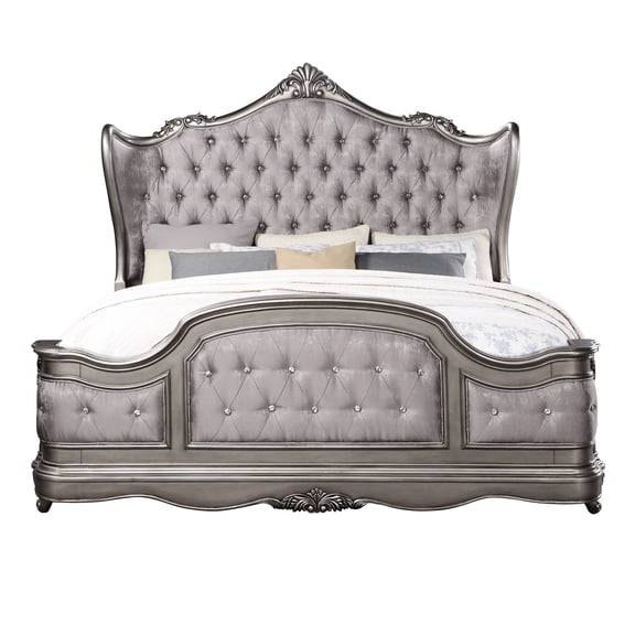 Velvet Queen Bed - Antique Silver Color With Platinum Finish Luxurious Bedroom Furniture Soft Upholstery Button Tufting Intricate Scrolled Trim Sturdily Made Poplar Wood, Birch Veneer And