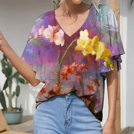 

YFPWM Long Sleeve Tee Shirts for Women Bustier Tops Concert Tops Linen Shirts Cute Blouses Summer Print V Neck Short Sleeve T-Shirt