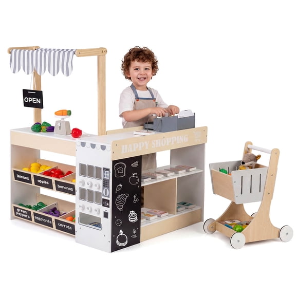 Infans Kids Grocery Store Playset Wooden Pretend Play Supermarket w/ Shopping Cart