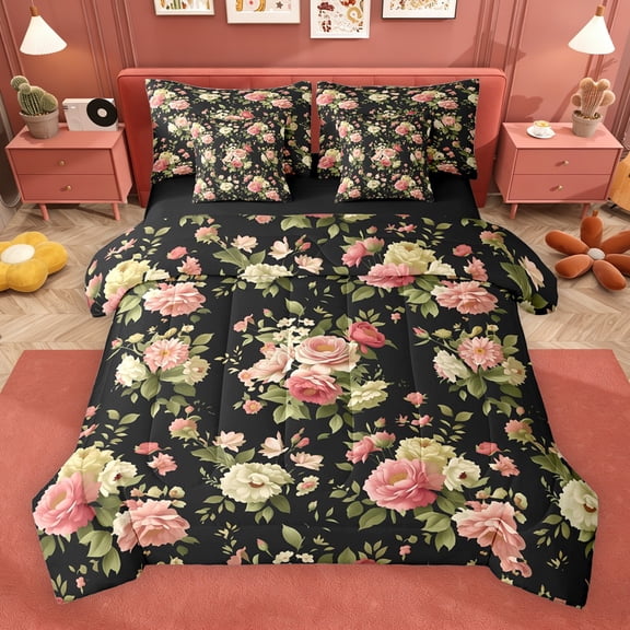 Erosebridal Chic Flower Twin Bedding Sets for Female, Black Bedding Comforter Set, Black Reversible, 7-Piece