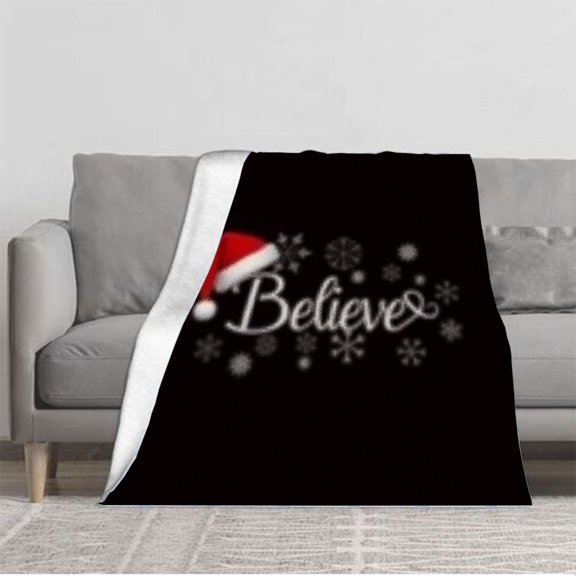 Festive Red Santa Hat & ' Believe ' Cursive Design - Durable Soft & Warm Flannel Blanket for Sofa Travel Bed Chair