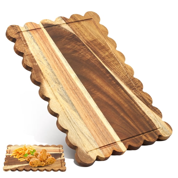 Acacia Wood Scalloped Cutting Board Decorative Wooden Charcuterie Board with Handle Bread Chopping Blocks for Kitchen Decor Cheese Fruit