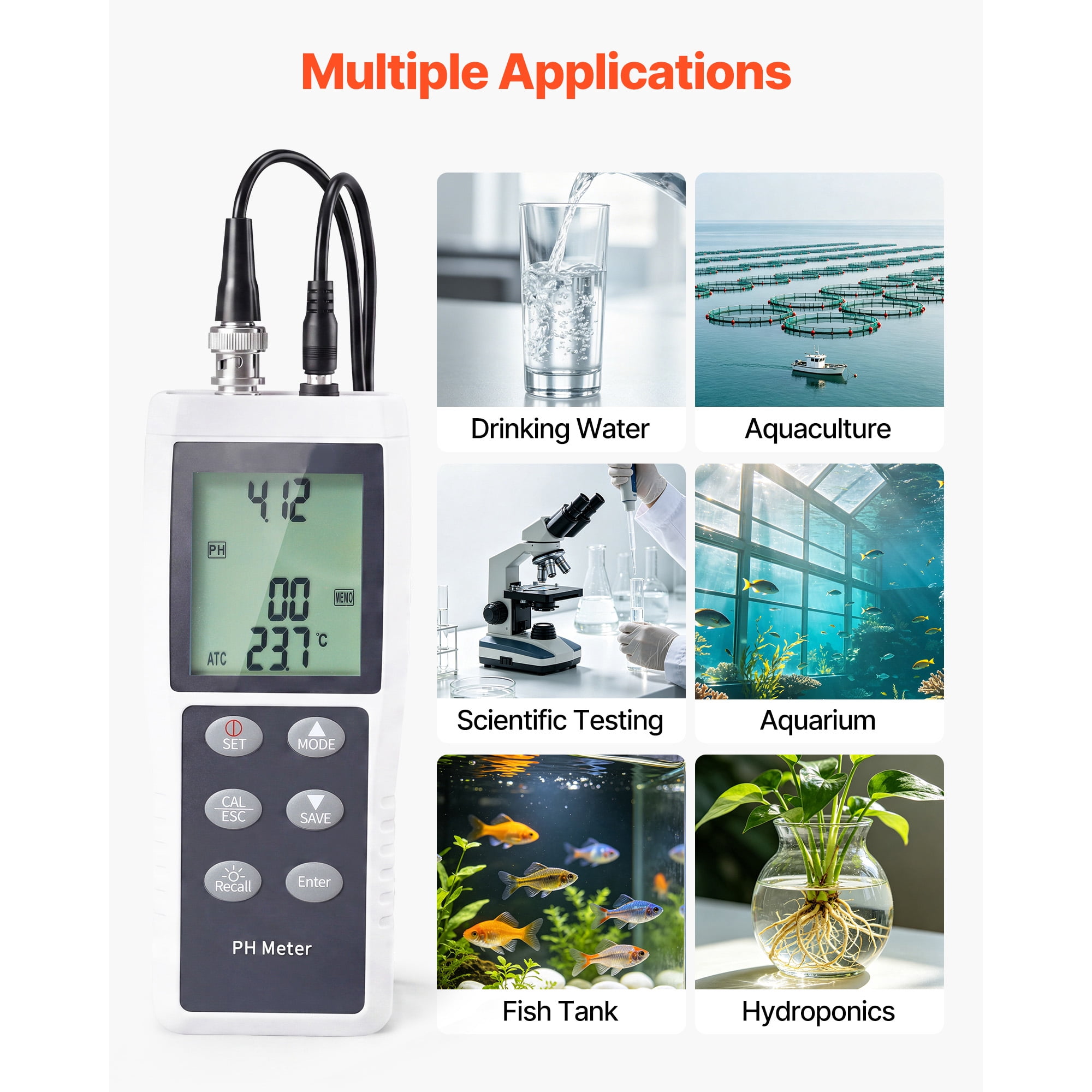 KFFKFF Portable pH Meter with 0-14 pH Range, Waterproof IP68 Probe, 3-Point Auto Calibration, Tester Kit Including Calibration Powder, Temperature Probe, and Carrying Case for Water Quality