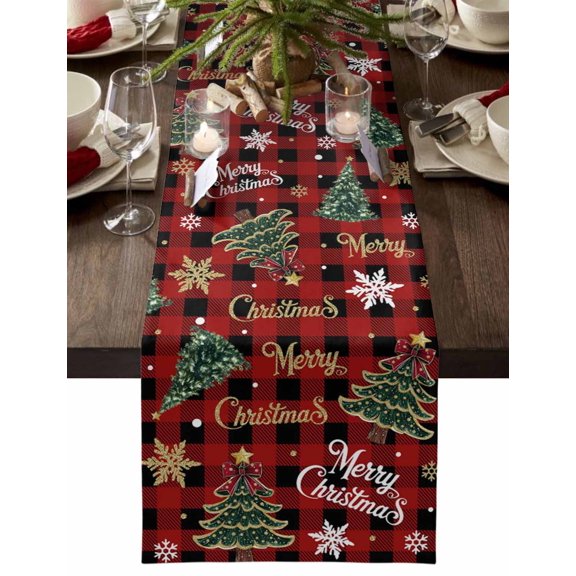 ERUNPONLY Christmas Tree Table Runner - 36 Inch Long Snowflake Xmas Merry Christmas Red Plaid Cotton and Linen Blended Dress Scarves Farmhouse Table Runner for Kitchen Dining, Coffee Table, 13" x 36"