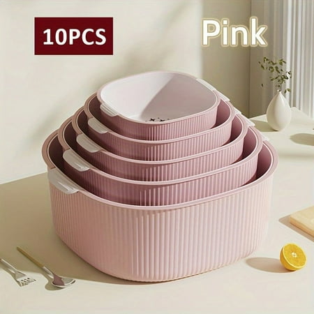 

10-Piece Stackable Colander Set - Double Layer Plastic Drain Baskets For Fruits & Vegetables Multifunctional Kitchen Strainer And Washing Bowl Essential Home Gadgets