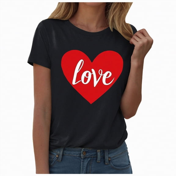 enyan Valentine's Day Tshirt Women T-Shirts for Women - Short Sleeve Basic Tees Soft Crew Neck Trendy Summer Tops for Casual Outfits 2026,Black,XXL