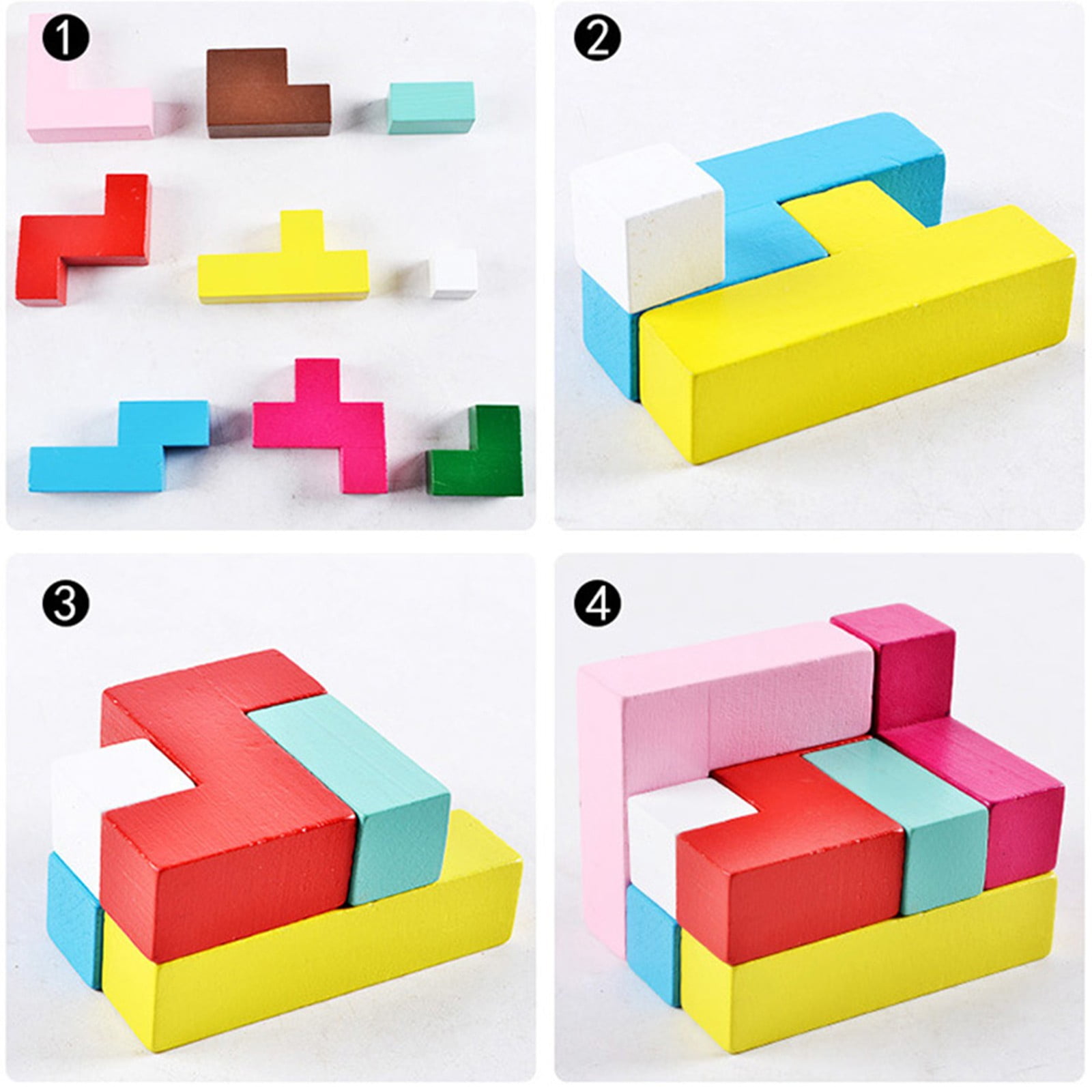 USATDD Wooden Tetris Puzzle Tangram Jigsaw Brain Teasers Toy Building Blocks  Game Colorful Wood Puzzles Box Educational Gift For Kids 40 Pcs 