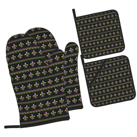 

Balery Mardi Gras Fleur de Lis Pattern Oven Mitts and Pot Holders 4 pcs Set Kitchen Oven Glove High Heat Resistant 500℉ Oven Mitts with Non-Slip Silicone Surface