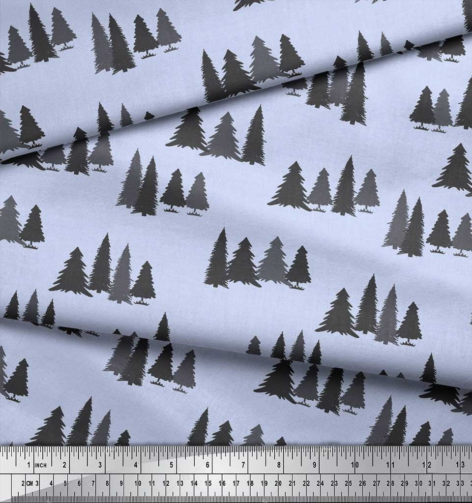 Soimoi Blue Poly Georgette Fabric Stencil Christmas Tree Printed Craft Fabric by the Yard 52 Inch Wide
