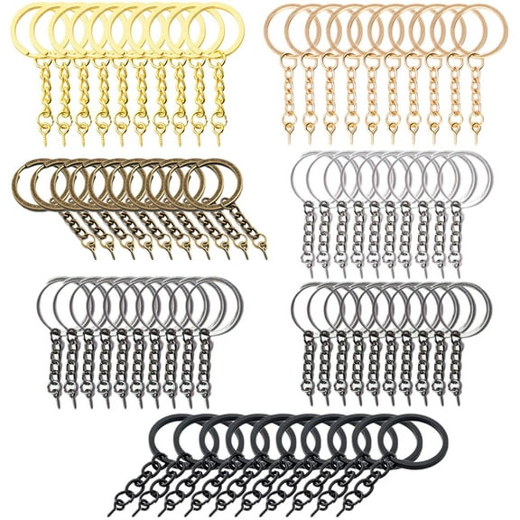 140 Pieces Keychain Rings Set Including 70 Pcs Gold Flat Metal Split Key Ring with Chain and Open Jump Ring Connector 70 Pcs Screw Eye Pins Bulk, Keychain Rings for Crafts DIY Making Jewelry