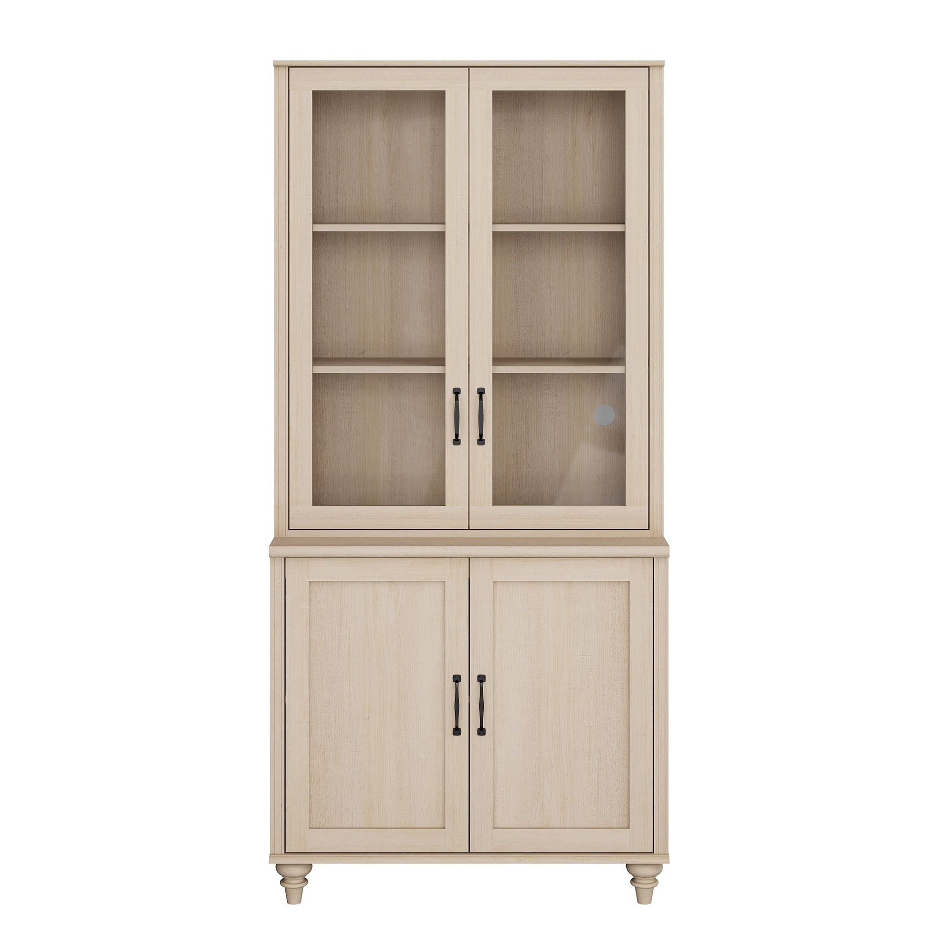 72.1"H × 33.9"W Large Farmhouse Wooden Bookcase with Glass Doors & Shelves, Storage Cabinet Bookcase for Living Room, Bedroom, Home Office & Kitchen, Beige