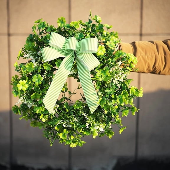 Uxgjfwu Spring Simulation Flower Wreath, St. Patrick's Day Pendant Door Ring with Green Clover and Bow, Irish Theme Decoration for Front Door, Festive, Artificial