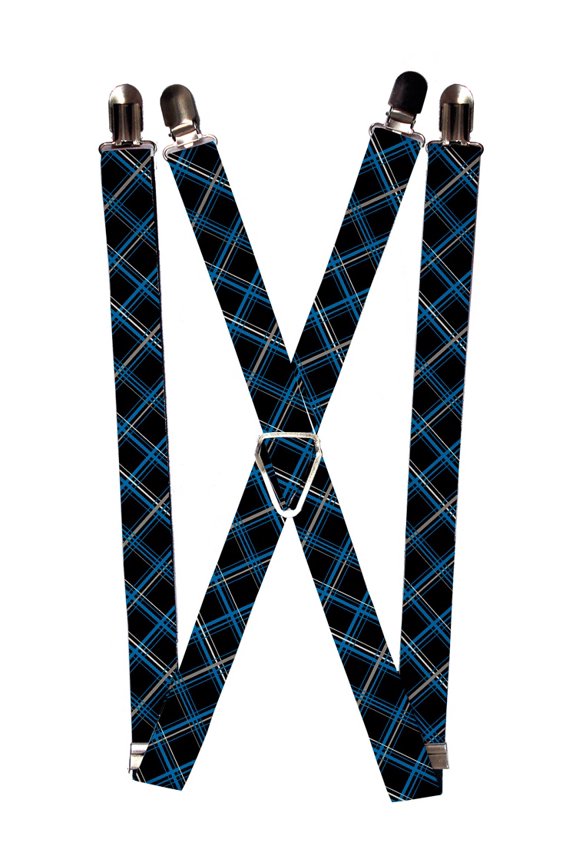 Black Blue Grey Diagonal Plaid Pattern Suspenders