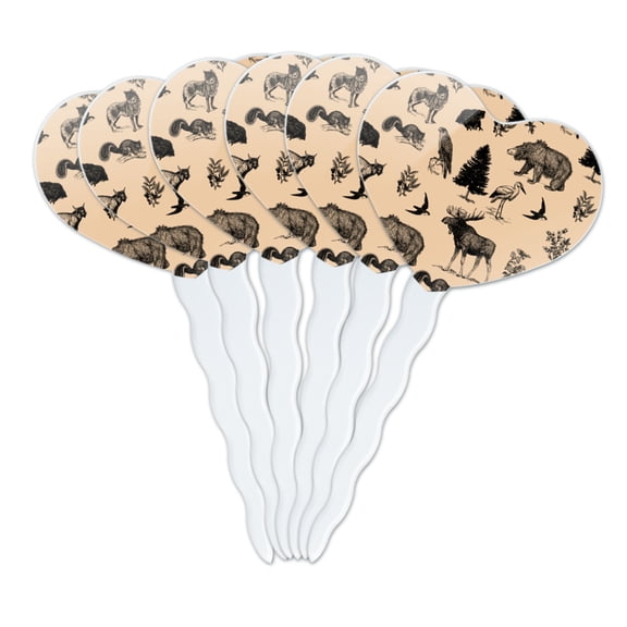 Forest Animals Pattern Moose Bear Wolf Raccoon Birds Heart Love Cupcake Picks Toppers Decoration Set of 6