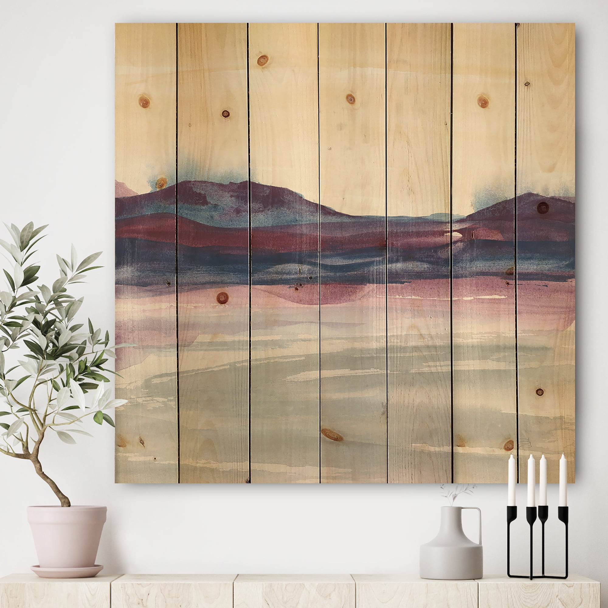 Designart 'Purple Rock landscape II' Shabby Chic Print on Natural Pine Wood