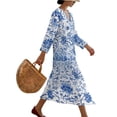 thumbnail image 3 of DISNIMO Flower Print Maxi Dresses for Women Loose V Neck Midi Dress Linen Style Casual Dress Lightweight 3/4 Sleeve Dresses, S, 3 of 6