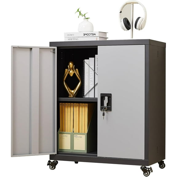 Metal Storage Cabinet with Locking Doors and Wheels,Garage Cabinet with Shelves for Home Office, Gym, School,Black Grey
