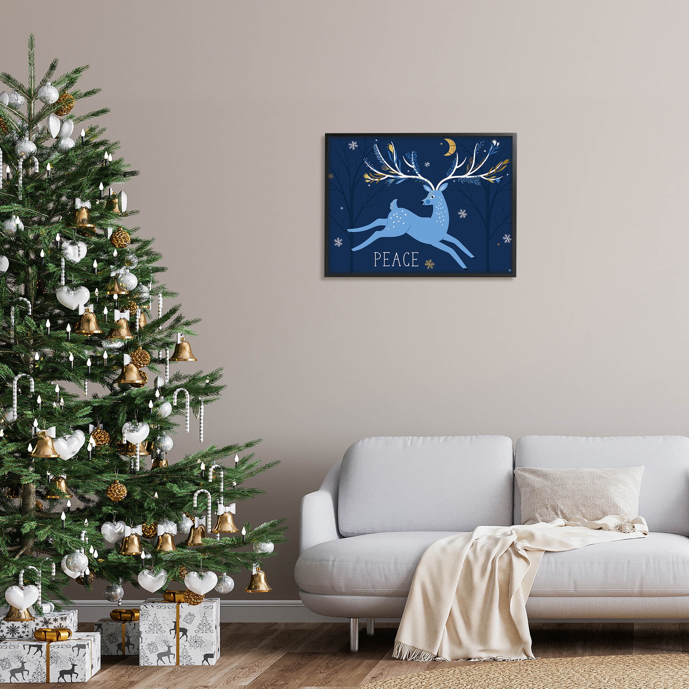Peace Jumping Deer Snowflakes Holiday Graphic Art Black Framed Art Print Wall Art