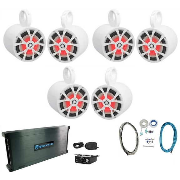 (6) Rockville RKL80MW 8" Marine Boat Wakeboard Tower Speakers w/LED's Amplifier