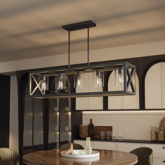 5 Light Farmhouse Chandeliers for Dining Room&Kitchen Island with Adjustable Height & Thickened Metal Dining Room Light Fixture Over Table,Black