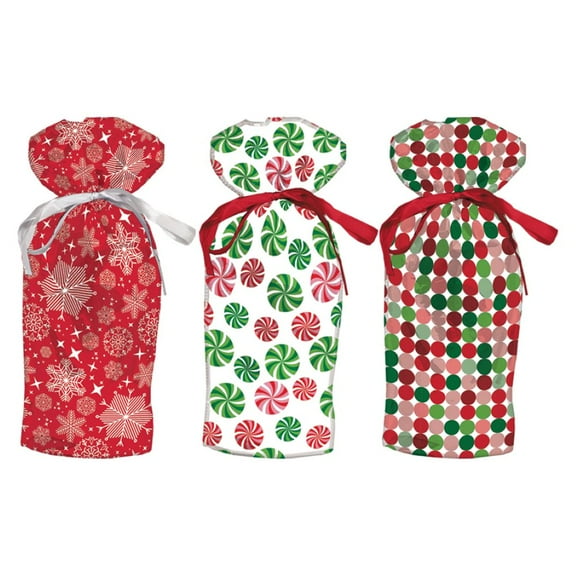Wrap In A Hurry Red and Green Christmas Bottle Sacks Gift Set, 3 pack