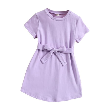 

CLZOUD Girls Party Dress Purple Cotton Blend Girls Child Shoert Sleeve Solid Bow Tie Summer Beach Sundress Party Dresses Princess Dress 130