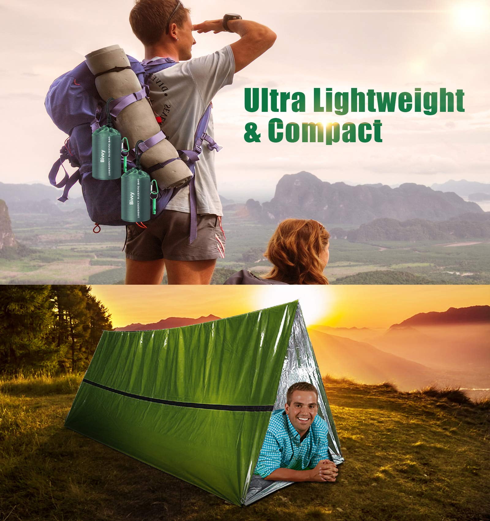 3pcs Emergency Sleeping Bags Thermal-Emergency-Blankets Ultralight Space Blankets Survival Waterproof Multi-Purpose Survival Gear for Hiking, Camping, Outdoor Survival Gear，240*150cm，green