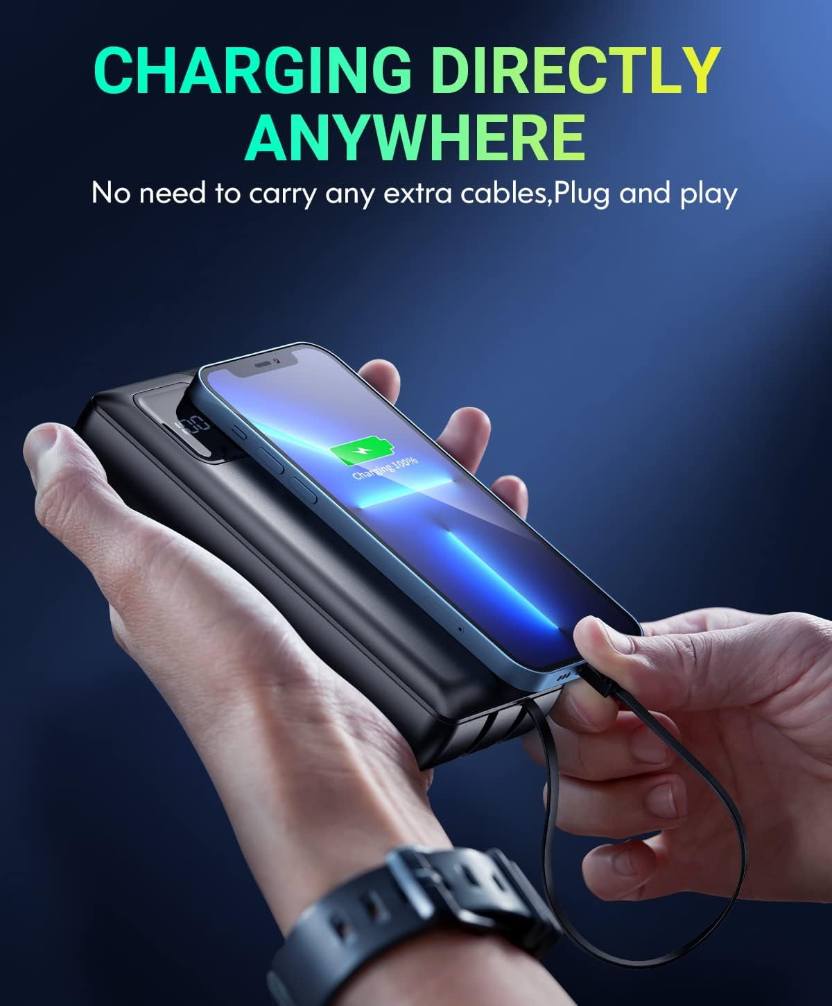 Gazsocy Portable Phone Charger -40000 mAh Fast Charging Power Bank, With Built-in Cable Compatible for Iphone Charger