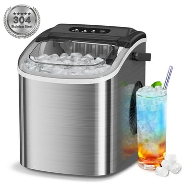 Auseo SS Bullet Ice Maker Machine, Ice Maker Countertop with Handle, 26lbs/24H, 9Pcs/6-12Mins, Self-Cleaning, for Home/Office/Party, Stainless Steel Black
