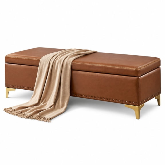 PU Leather Storage Ottoman Bench, 57 Inch Brown, Hidden Storage Compartment, Large Capacity for Bedroom Living Room Entryway, Foot of Bed Seat