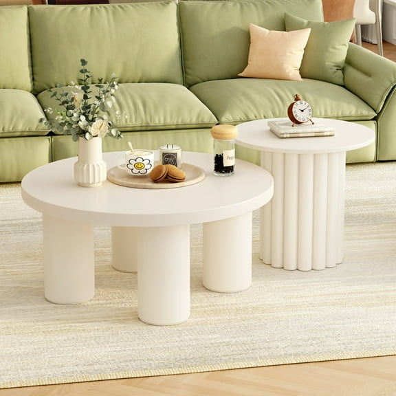Modern Coffee Table Set of 2, Round Coffee Table with Cylindrical Leg Design and 1 End Table for Living Room