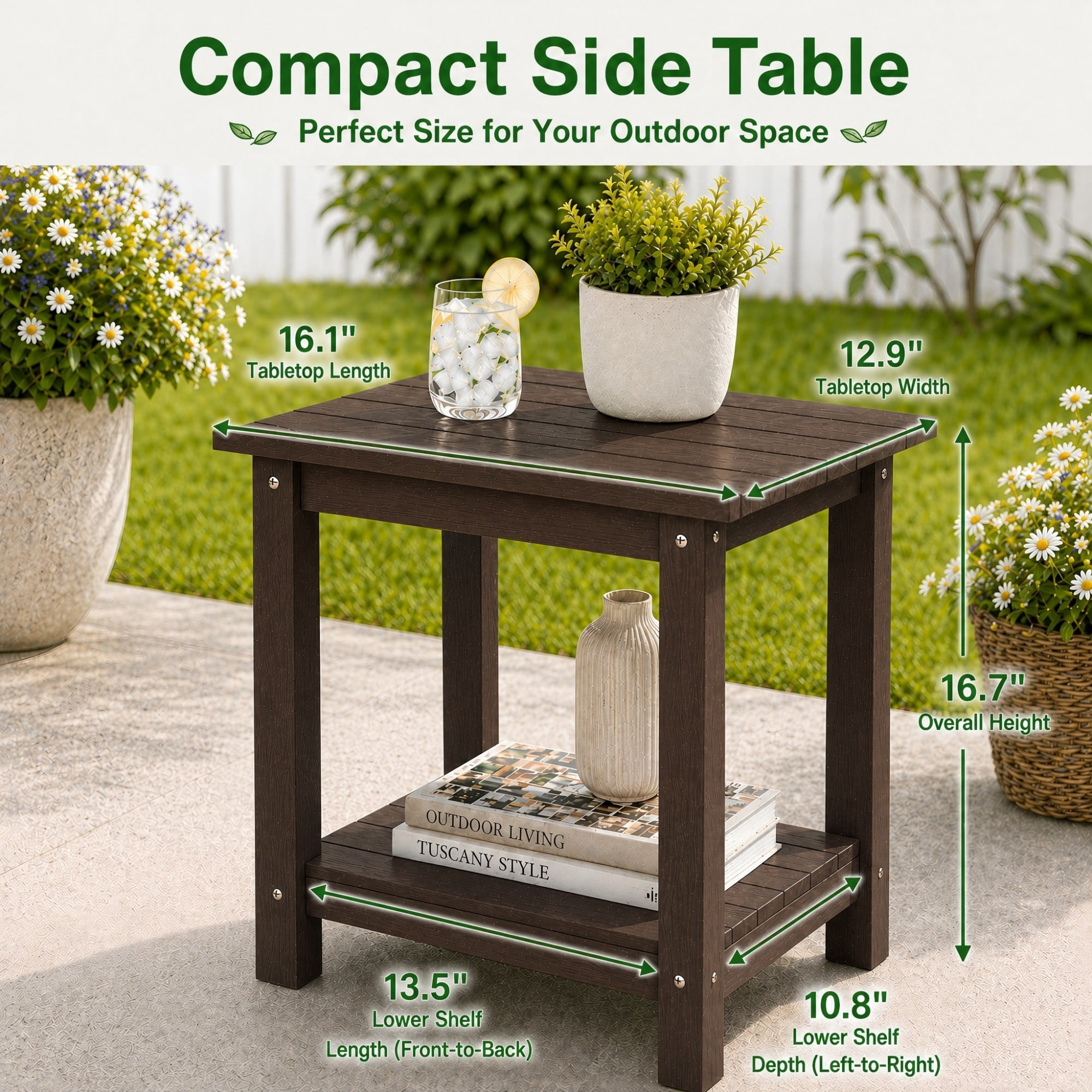 Y&M Outdoor Side Table, HIPS Adirondack Small Double Layer Table, Waterproof Square Balcony Modern End Tables for Patio, Pool, Beach, Porch, Deck, Indoor or Outdoor Use, Coffee