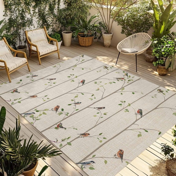 Sparrow Outdoor Rug for Patio/Deck/Porch, Non-Slip Large Area Rug 3 x 5 Ft, Spring Birds on The Branches Retro Country Beige Indoor Outdoor Rugs Washable Area Rugs, Camping Rug Carpet Runner