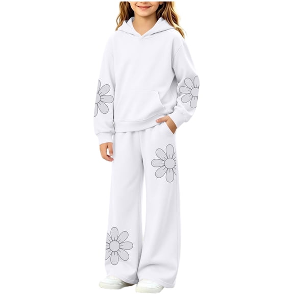 Enjoytime Girls Outfits Floral Print Long Sleeve Hoodie with Wide Leg Pants 2 Piece Set Kids Fall Winter Fashion Comfy Casual Sweatsuit