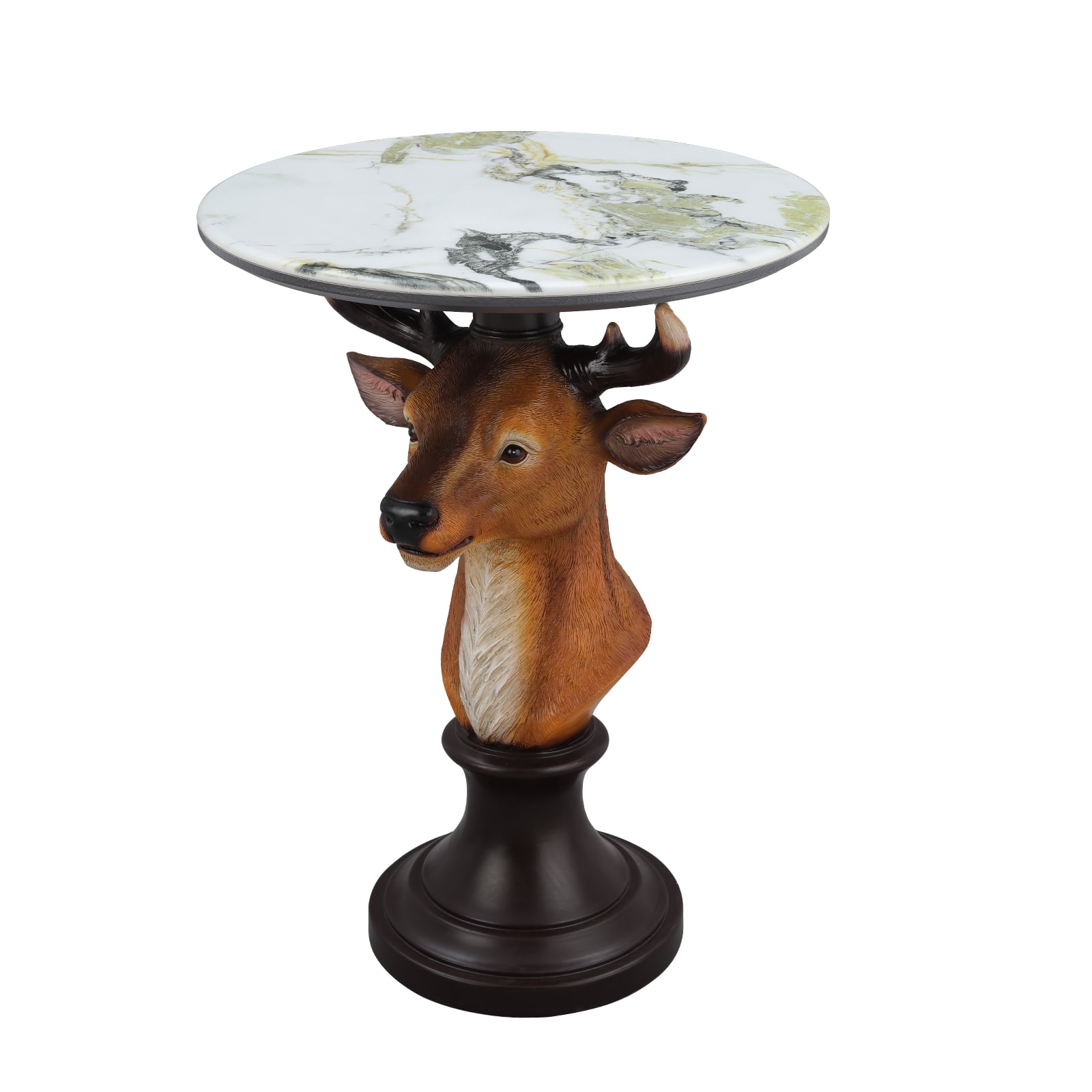 Deer Head Accent Table, Animal Statue End Table with Faux Marble Top, Resin Sculpture Side Table for Living Room, Cabin, Lodge, Rustic Decor, Brown