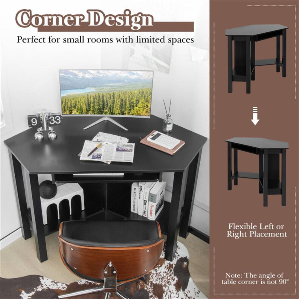 Demi Bonn Wooden Computer Corner Desk with Drawer for Home Office Sturdy Writing Workstation, Black