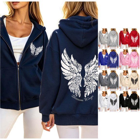Trendfront Womens Angel Wings Graphic Zip Up Hoodie Long Sleeve Full Zip Sweatshirt Back Print Inspirational Hooded Jacket With Side Pockets Everyday Wear