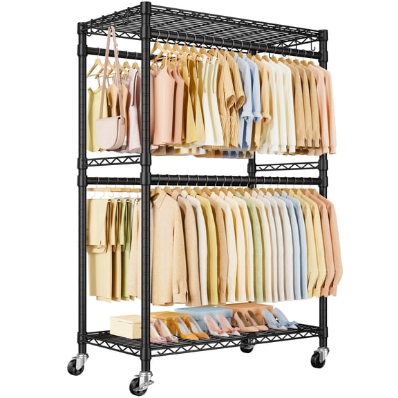 P4 Plus Rolling Clothes Rack Heavy Duty, Clothing Racks for Hanging Clothes, Free Standing Garment Racks with Wheels, Portable Closet Rack 45''W × 20.5''D × 80.5''H, Max Load 570 Lbs, Black