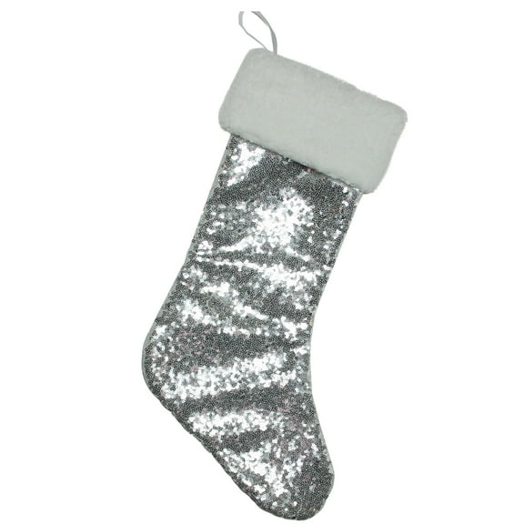 Northlight 18" Silver Sequins With a White Faux Fur Trim Christmas Stocking